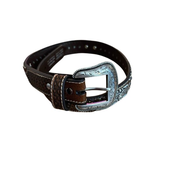 Nocona Accessories - Nocona Women’s Hand Tooled Brown Leather Belt w Western Design, Size 24, 2018